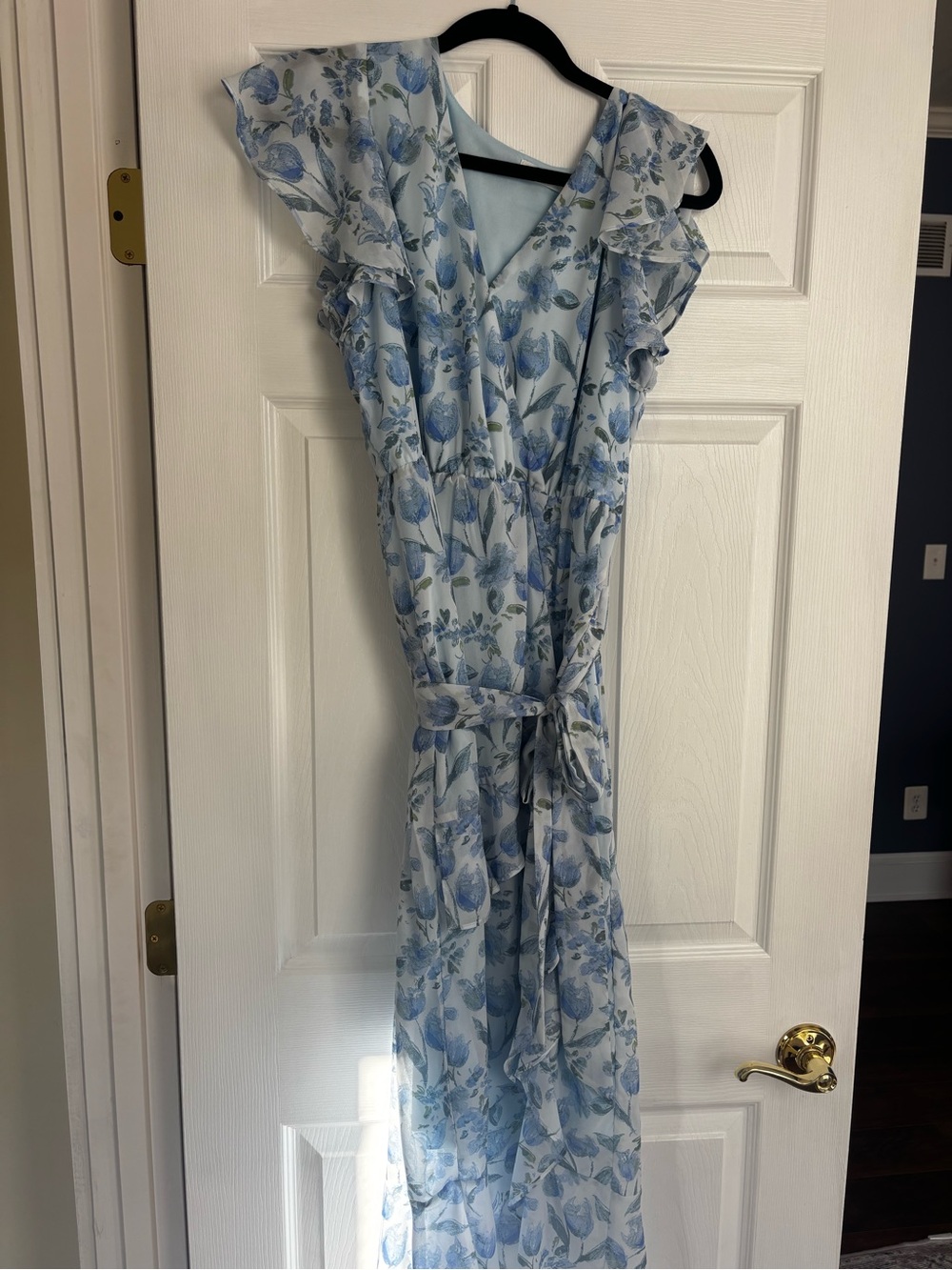 Lush Light Blue Floral Ruffle Maxi Dress
